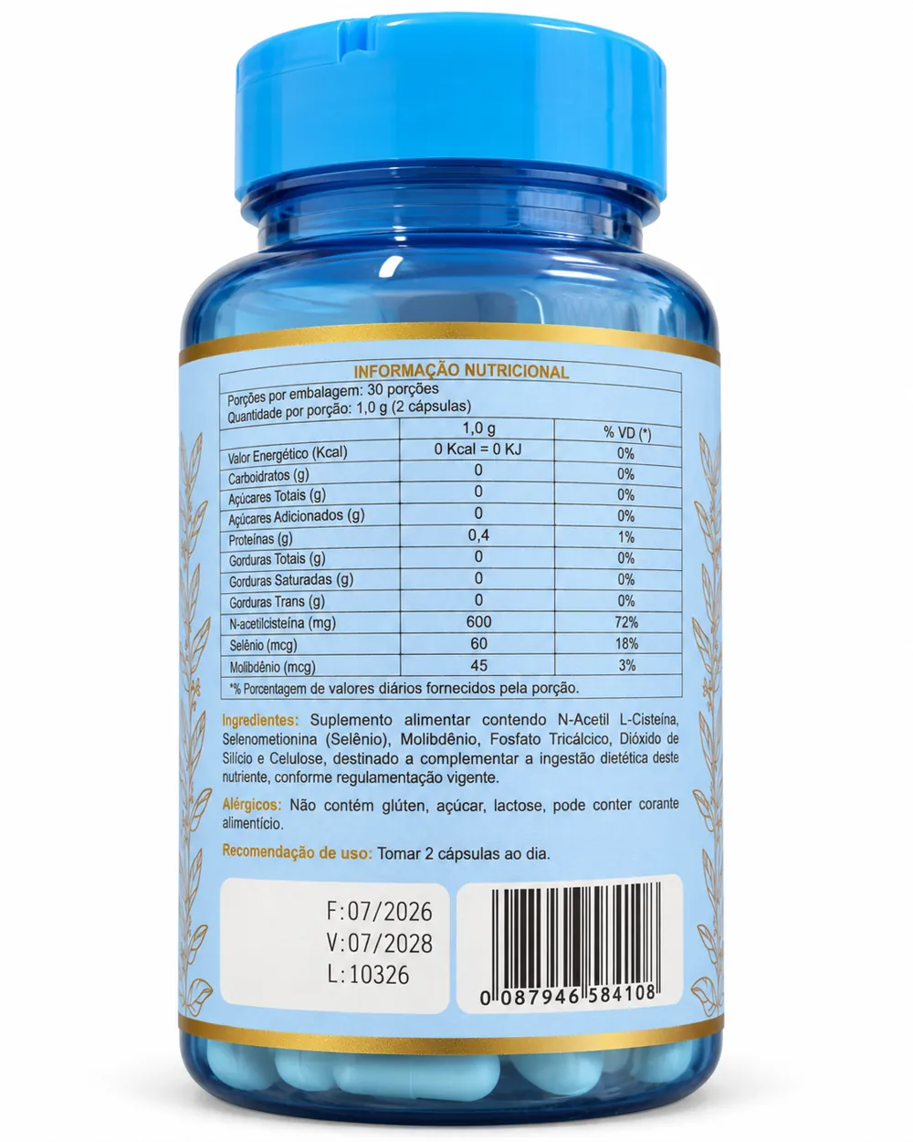 Tabela nutricional impressa no rótulo de NAC Verum