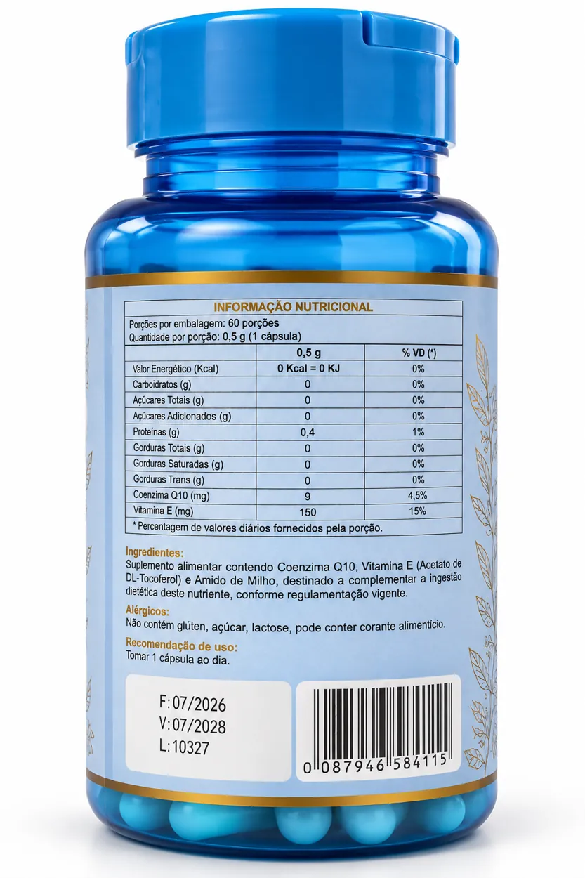 Tabela nutricional impressa no rótulo de Coenzima Q10 Verum
